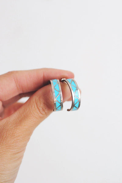 Vintage Sterling Silver Turquoise Channel Inlay Half Hoop Earrings Native American Zuni