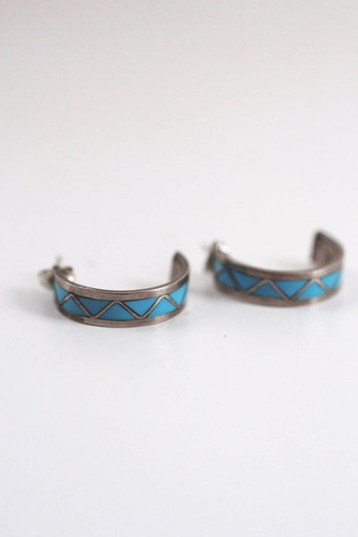 Vintage Sterling Silver Turquoise Channel Inlay Half Hoop Earrings Native American Zuni