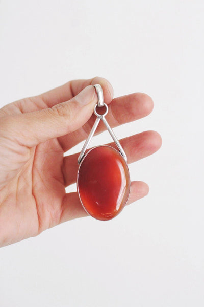 Sterling Silver Carnelian Pendant Oval Large Vintage Modernist Statement Necklace