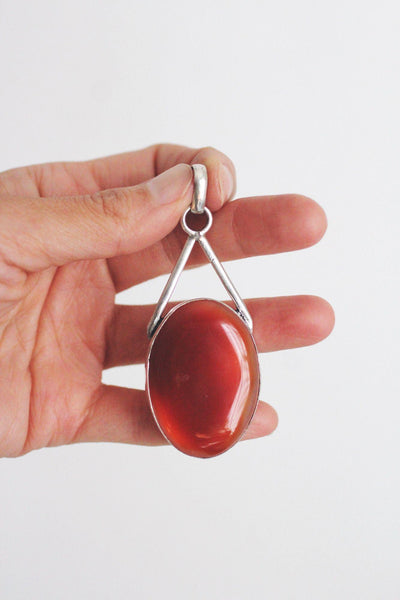 Sterling Silver Carnelian Pendant Oval Large Vintage Modernist Statement Necklace