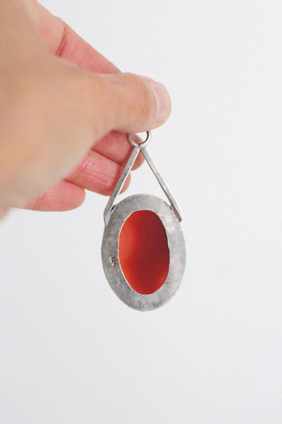 Sterling Silver Carnelian Pendant Oval Large Vintage Modernist Statement Necklace