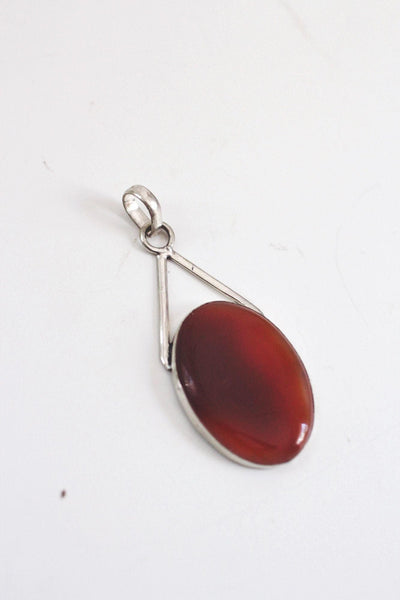 Sterling Silver Carnelian Pendant Oval Large Vintage Modernist Statement Necklace