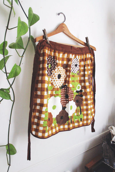 Vintage 1970s Brown Floral Checkered Kitchen Apron With Waist Ties