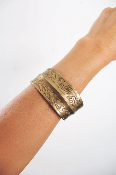 Vintage Etched Brass Cuff Bracelet India Boho Stackable Floral Leaf Engraved