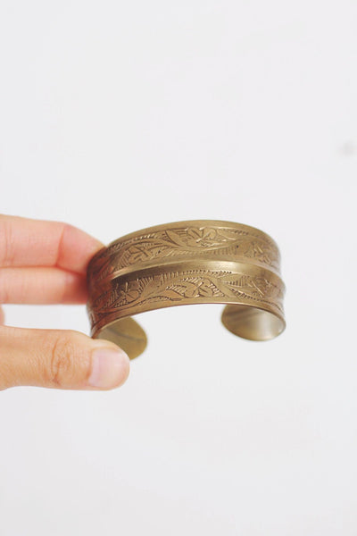Vintage Etched Brass Cuff Bracelet India Boho Stackable Floral Leaf Engraved