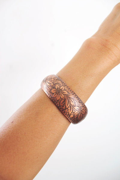 Vintage Embossed Solid Copper Floral Engraved Cuff Bracelet Boho Stackable Floral Daisy