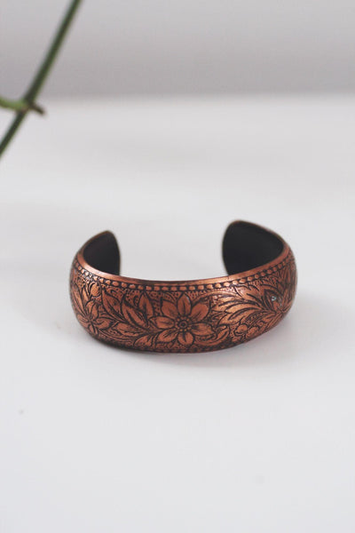 Vintage Embossed Solid Copper Floral Engraved Cuff Bracelet Boho Stackable Floral Daisy