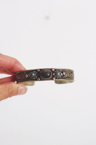 Traditional Tibetan Style Silver Cuff Bracelet Labradorite Turquoise Vintage Filigree Boho
