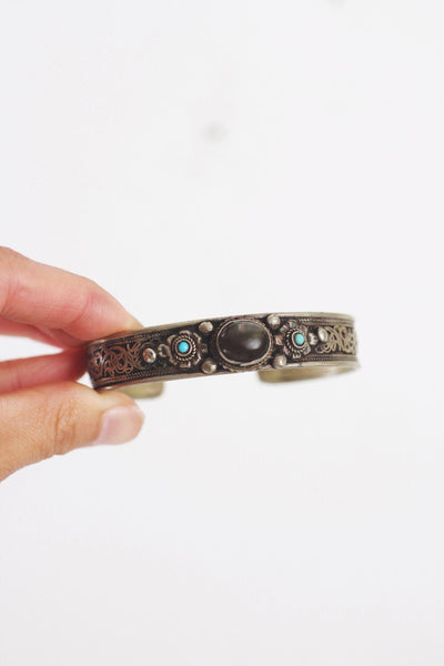 Traditional Tibetan Style Silver Cuff Bracelet Labradorite Turquoise Vintage Filigree Boho