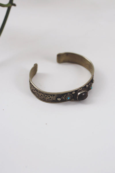Traditional Tibetan Style Silver Cuff Bracelet Labradorite Turquoise Vintage Filigree Boho