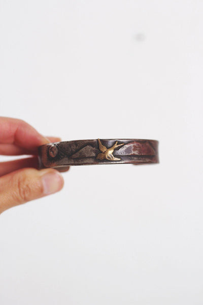 Vintage Silver Copper Brass Bird Cuff Bracelet Mountain Sun Landscape Artisan Handmade