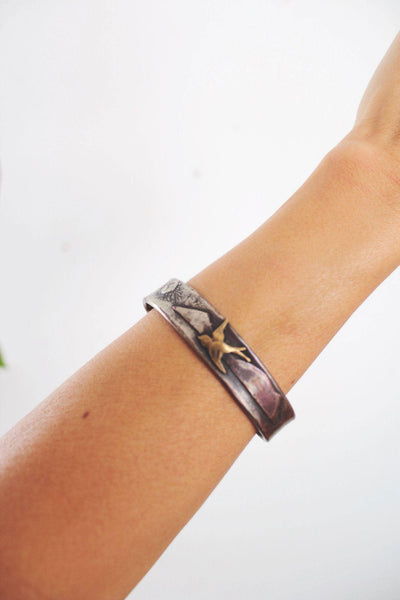 Vintage Silver Copper Brass Bird Cuff Bracelet Mountain Sun Landscape Artisan Handmade