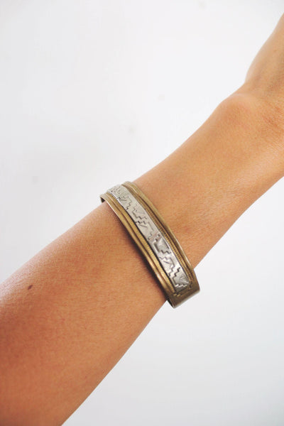 Handmade Brass Silver Cuff Bracelet Engraved Geometric Vintage Native American