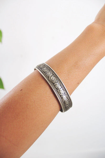Vintage Silver Engraved Cuff Bracelet Floral Scrollwork Etched Dragon Tibet Nepal Boho