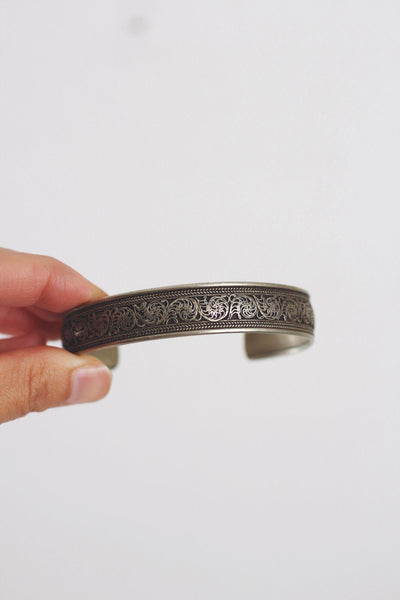 Vintage Silver Engraved Cuff Bracelet Floral Scrollwork Etched Dragon Tibet Nepal Boho