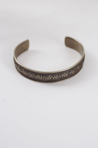 Vintage Silver Engraved Cuff Bracelet Floral Scrollwork Etched Dragon Tibet Nepal Boho