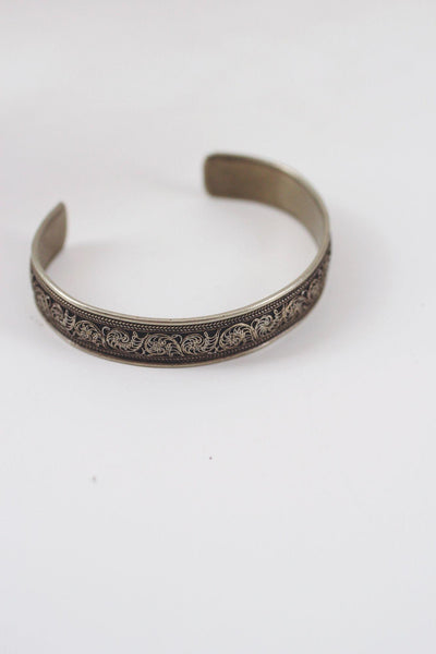 Vintage Silver Engraved Cuff Bracelet Floral Scrollwork Etched Dragon Tibet Nepal Boho