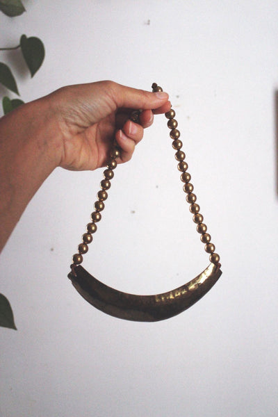 Vintage Hammered Brass Crescent Bib Statement Necklace Handcrafted Boho Rustic