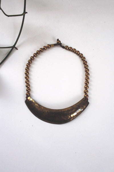 Vintage Hammered Brass Crescent Bib Statement Necklace Handcrafted Boho Rustic