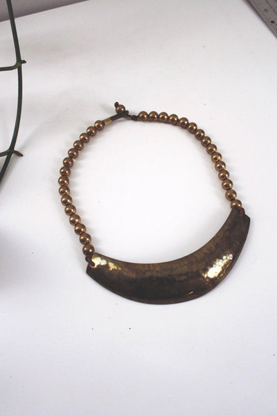 Vintage Hammered Brass Crescent Bib Statement Necklace Handcrafted Boho Rustic