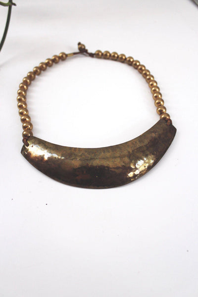 Vintage Hammered Brass Crescent Bib Statement Necklace Handcrafted Boho Rustic