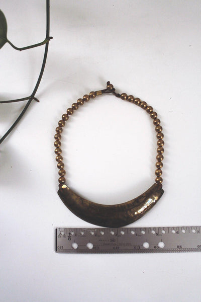 Vintage Hammered Brass Crescent Bib Statement Necklace Handcrafted Boho Rustic