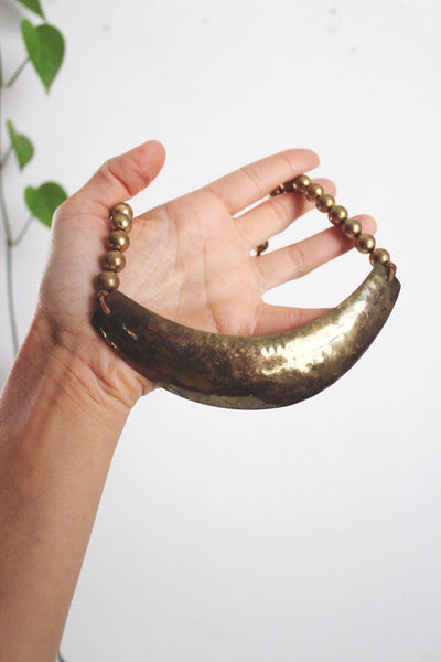 Vintage Hammered Brass Crescent Bib Statement Necklace Handcrafted Boho Rustic