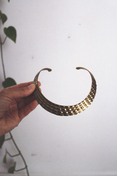 Vintage Solid Brass Textured Collar Torque Choker Necklace Statement Jewelry Boho