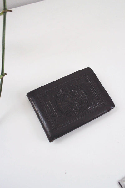 Vintage Black Mexican Hand-Tooled Leather Wallet Embossed Aztec Calendar Handcrafted