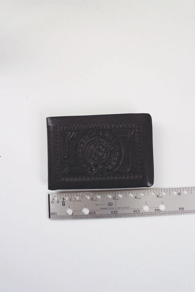 Vintage Black Mexican Hand-Tooled Leather Wallet Embossed Aztec Calendar Handcrafted