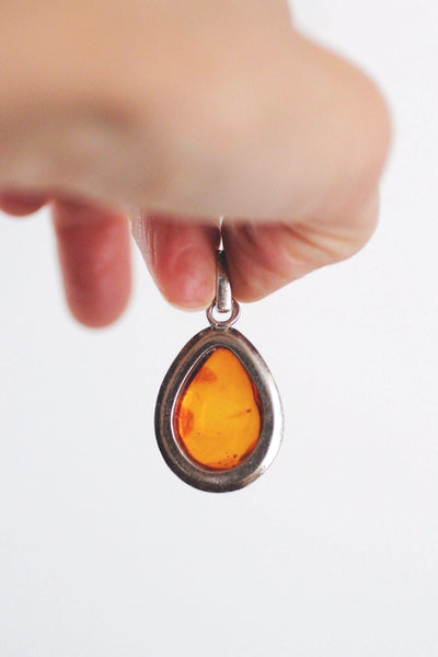 Baltic Amber Teardrop Pendant Sterling Silver Frame Vintage Necklace Jewelry