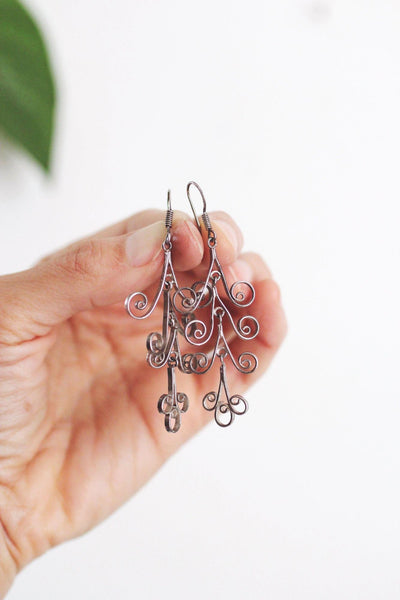 Handcrafted Sterling Silver Filigree Chandelier Dangle Earrings Vintage Lightweight Elegant