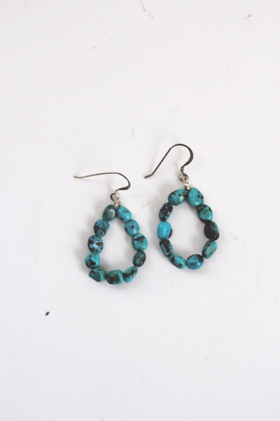 Handcrafted Turquoise Nugget Beaded Dangle Earrings Sterling Silver Vintage Boho Jewelry