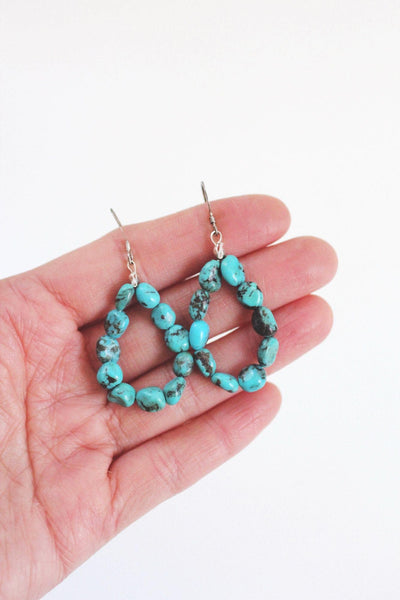 Handcrafted Turquoise Nugget Beaded Dangle Earrings Sterling Silver Vintage Boho Jewelry