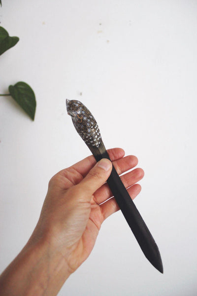 Vintage Hand-Painted Carved Wood Owl Letter Opener Mid Century Desktop Accessory