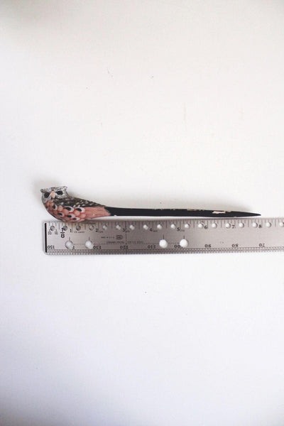 Vintage Hand-Painted Carved Wood Owl Letter Opener Mid Century Desktop Accessory