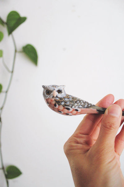 Vintage Hand-Painted Carved Wood Owl Letter Opener Mid Century Desktop Accessory