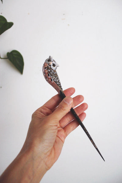 Vintage Hand-Painted Carved Wood Owl Letter Opener Mid Century Desktop Accessory