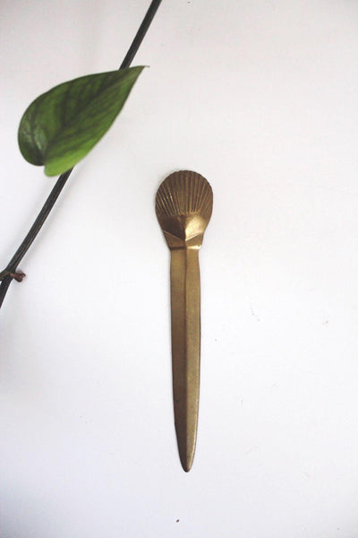 Vintage Solid Brass Sea Shell Clam Letter Opener Nautical Coastal Beach Office MCM