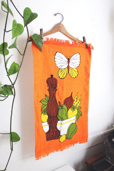 Vintage 70s Cannon Orange Kitchen Towel Terry Cloth Retro Vegetable Fringe