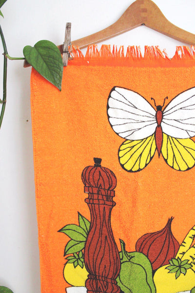 Vintage 70s Cannon Orange Kitchen Towel Terry Cloth Retro Vegetable Fringe