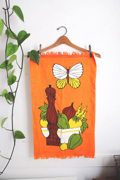 Vintage 70s Cannon Orange Kitchen Towel Terry Cloth Retro Vegetable Fringe
