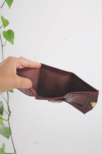 Vintage Compact Leather Tri-Fold Wallet Brass Retro Reddish Brown Patina Worn