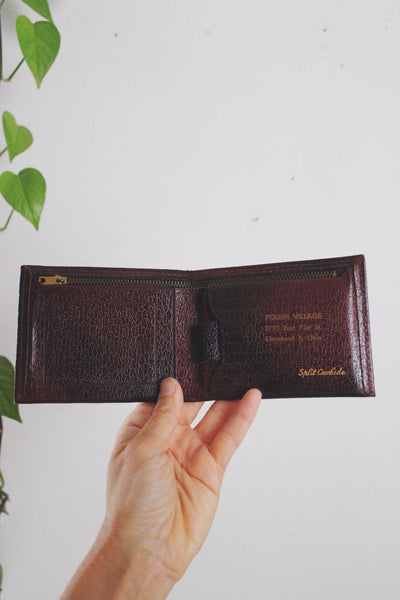 Vintage Burgundy Split Cowhide Leather Wallet Zippered Pocket Card Holder Mens