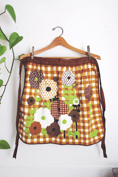 Vintage 1970s Brown Floral Checkered Kitchen Apron With Waist Ties