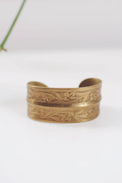 Vintage Etched Brass Cuff Bracelet India Boho Stackable Floral Leaf Engraved