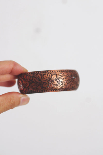 Vintage Embossed Solid Copper Floral Engraved Cuff Bracelet Boho Stackable Floral Daisy
