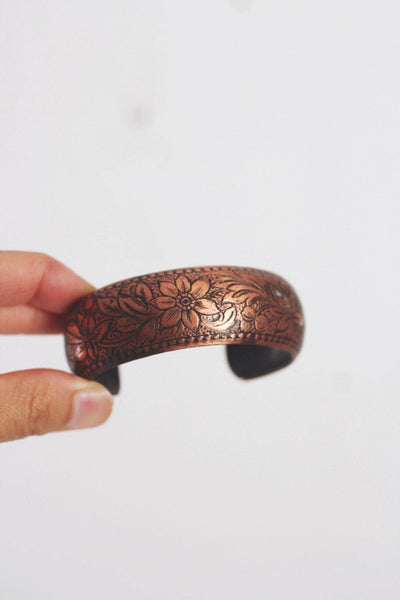 Vintage Embossed Solid Copper Floral Engraved Cuff Bracelet Boho Stackable Floral Daisy