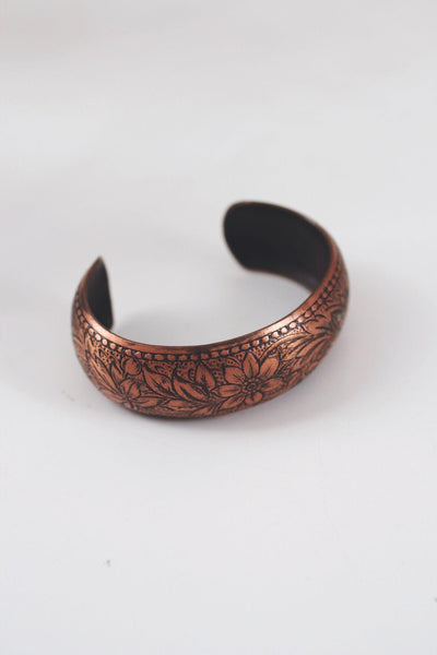 Vintage Embossed Solid Copper Floral Engraved Cuff Bracelet Boho Stackable Floral Daisy