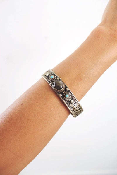 Traditional Tibetan Style Silver Cuff Bracelet Labradorite Turquoise Vintage Filigree Boho